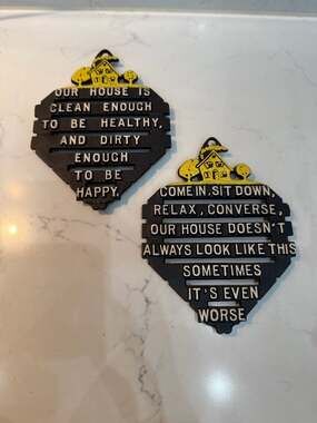 Set of 2 Vintage Cast Metal Funny Kitchen Trivets Wall Decor Signs